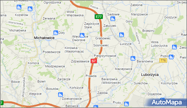 mapa Pielgrzymowice gmina Michałowice, Pielgrzymowice gmina Michałowice na mapie Targeo