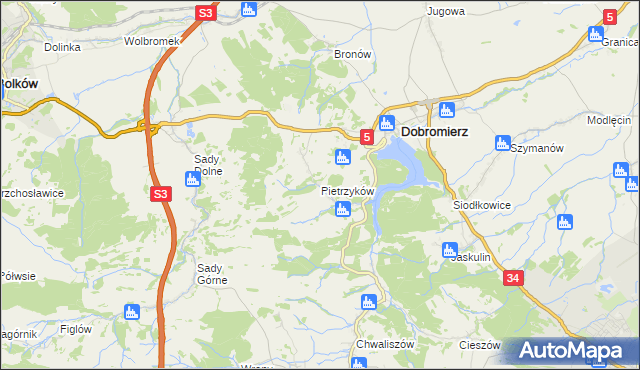 mapa Pietrzyków gmina Dobromierz, Pietrzyków gmina Dobromierz na mapie Targeo