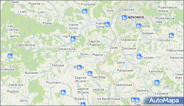 mapa Pławna gmina Ciężkowice, Pławna gmina Ciężkowice na mapie Targeo