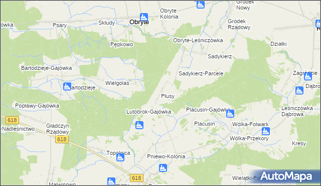 mapa Płusy gmina Obryte, Płusy gmina Obryte na mapie Targeo