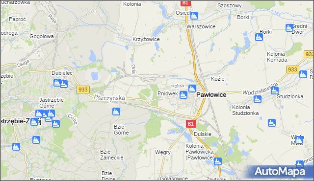 mapa Pniówek gmina Pawłowice, Pniówek gmina Pawłowice na mapie Targeo