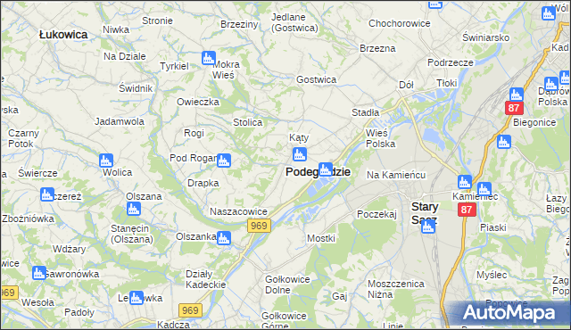 mapa Podegrodzie powiat nowosądecki, Podegrodzie powiat nowosądecki na mapie Targeo