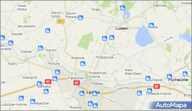 mapa Podzamcze gmina Łęczna, Podzamcze gmina Łęczna na mapie Targeo