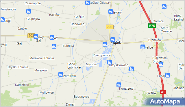 mapa Pokrzywnica gmina Piątek, Pokrzywnica gmina Piątek na mapie Targeo