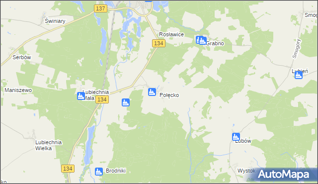 mapa Połęcko gmina Ośno Lubuskie, Połęcko gmina Ośno Lubuskie na mapie Targeo