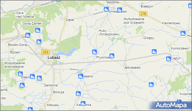 mapa Prusinowo gmina Lubasz, Prusinowo gmina Lubasz na mapie Targeo