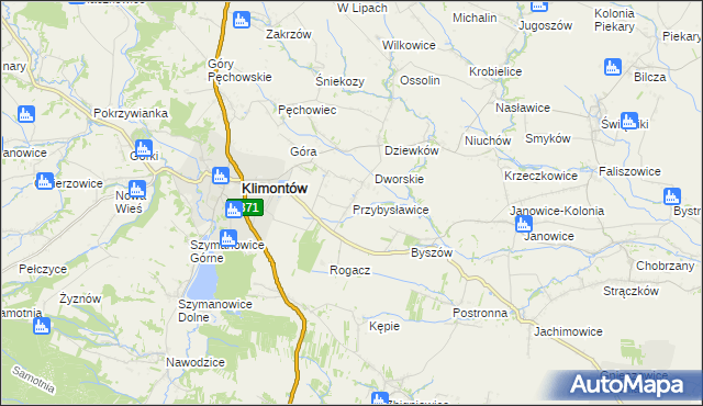 mapa Przybysławice gmina Klimontów, Przybysławice gmina Klimontów na mapie Targeo