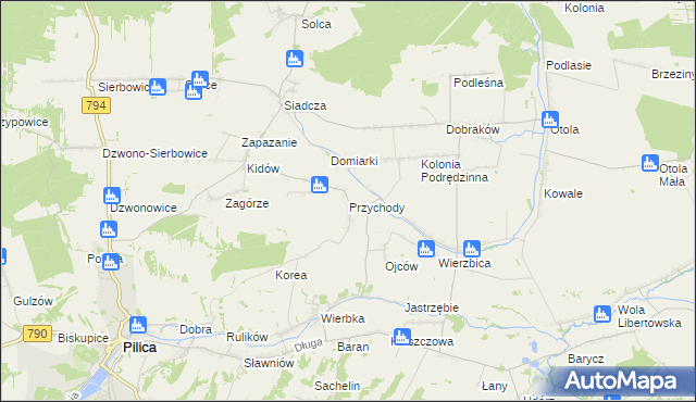 mapa Przychody gmina Pilica, Przychody gmina Pilica na mapie Targeo