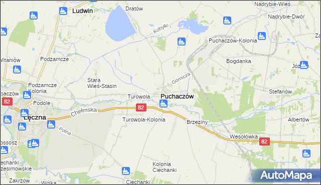 mapa Puchaczów powiat łęczyński, Puchaczów powiat łęczyński na mapie Targeo