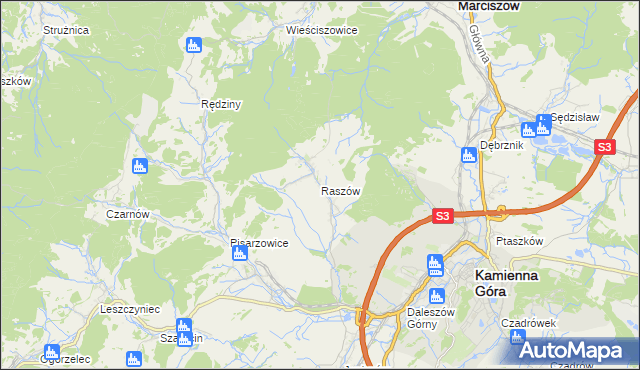 mapa Raszów gmina Kamienna Góra, Raszów gmina Kamienna Góra na mapie Targeo