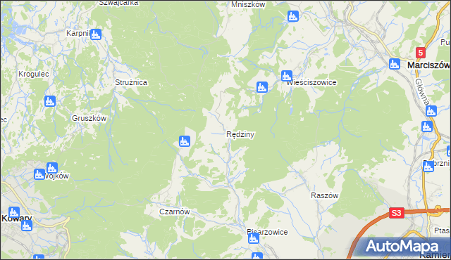 mapa Rędziny gmina Kamienna Góra, Rędziny gmina Kamienna Góra na mapie Targeo