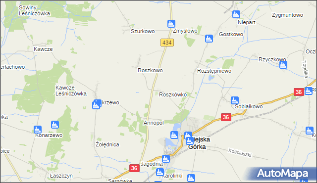 mapa Roszkówko gmina Miejska Górka, Roszkówko gmina Miejska Górka na mapie Targeo