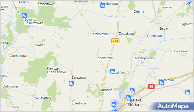 mapa Roszkowo gmina Miejska Górka, Roszkowo gmina Miejska Górka na mapie Targeo