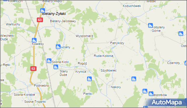 mapa Ruda-Kolonia gmina Bielany, Ruda-Kolonia gmina Bielany na mapie Targeo