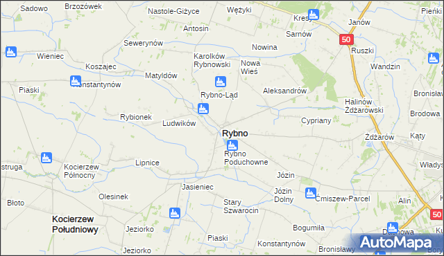 mapa Rybno powiat sochaczewski, Rybno powiat sochaczewski na mapie Targeo