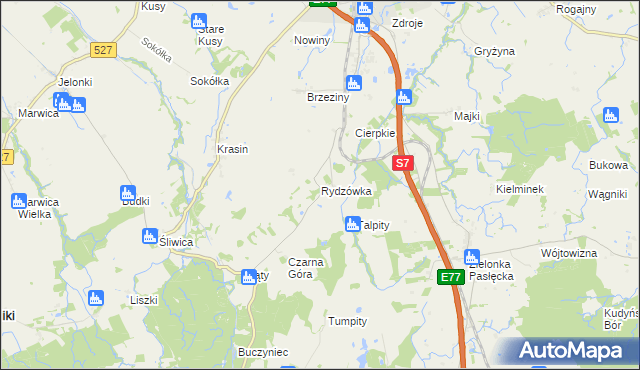 mapa Rydzówka gmina Pasłęk, Rydzówka gmina Pasłęk na mapie Targeo