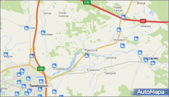 mapa Rzeczyca gmina Świebodzin, Rzeczyca gmina Świebodzin na mapie Targeo