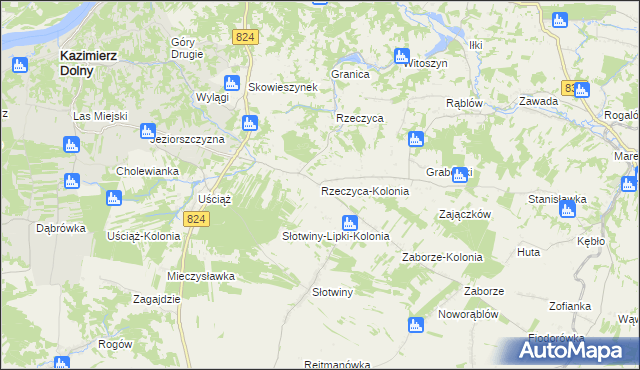 mapa Rzeczyca-Kolonia gmina Kazimierz Dolny, Rzeczyca-Kolonia gmina Kazimierz Dolny na mapie Targeo