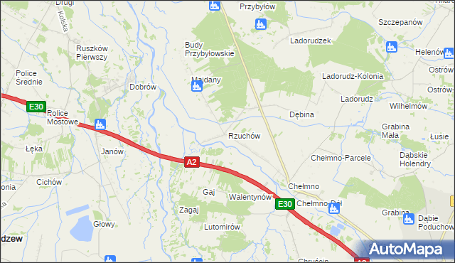mapa Rzuchów gmina Dąbie, Rzuchów gmina Dąbie na mapie Targeo