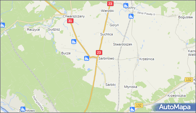 mapa Sarbinowo gmina Dębno, Sarbinowo gmina Dębno na mapie Targeo