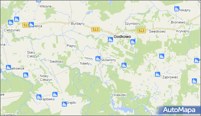 mapa Skowrony gmina Godkowo, Skowrony gmina Godkowo na mapie Targeo