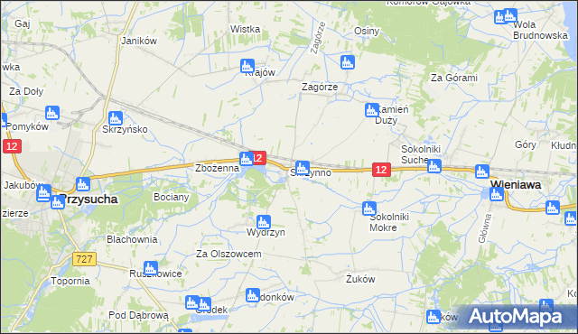 mapa Skrzynno gmina Wieniawa, Skrzynno gmina Wieniawa na mapie Targeo