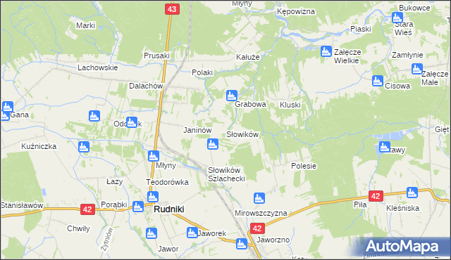 mapa Słowików gmina Rudniki, Słowików gmina Rudniki na mapie Targeo
