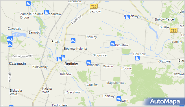 mapa Sługocice gmina Będków, Sługocice gmina Będków na mapie Targeo