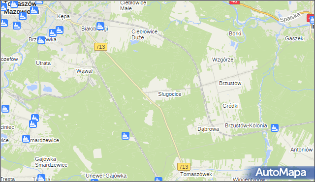 mapa Sługocice gmina Tomaszów Mazowiecki, Sługocice gmina Tomaszów Mazowiecki na mapie Targeo