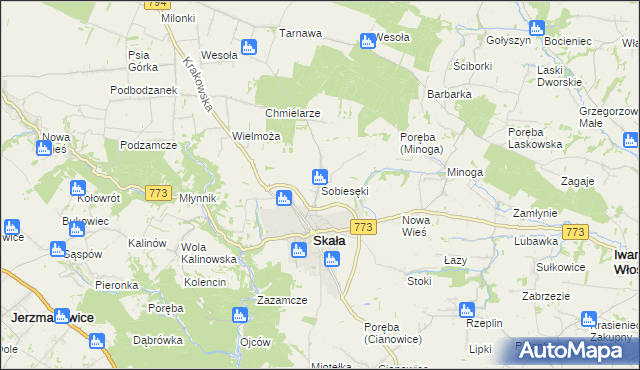 mapa Sobiesęki gmina Skała, Sobiesęki gmina Skała na mapie Targeo