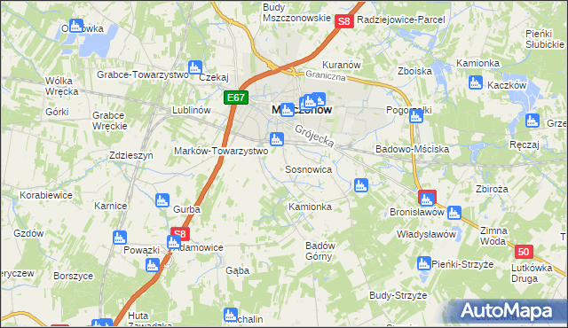 mapa Sosnowica gmina Mszczonów, Sosnowica gmina Mszczonów na mapie Targeo