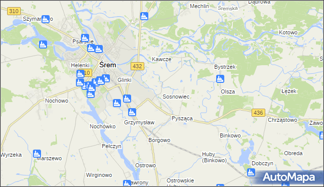 mapa Sosnowiec gmina Śrem, Sosnowiec gmina Śrem na mapie Targeo