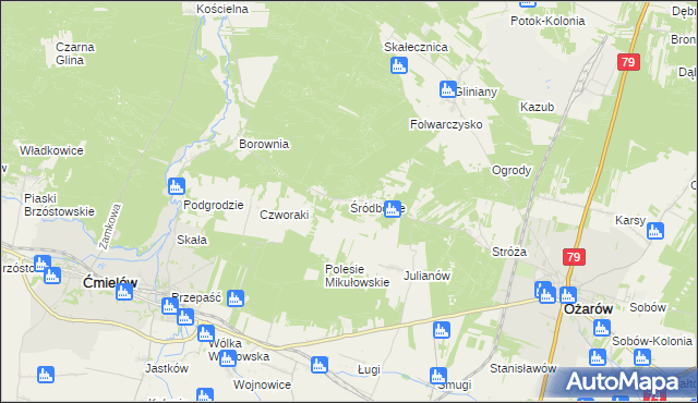 mapa Śródborze gmina Ożarów, Śródborze gmina Ożarów na mapie Targeo