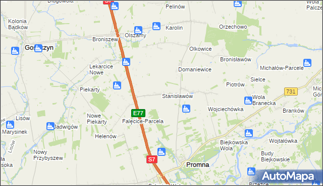 mapa Stanisławów gmina Promna, Stanisławów gmina Promna na mapie Targeo