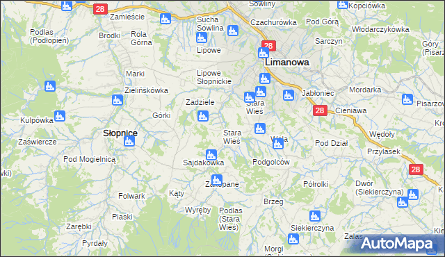 mapa Stara Wieś gmina Limanowa, Stara Wieś gmina Limanowa na mapie Targeo
