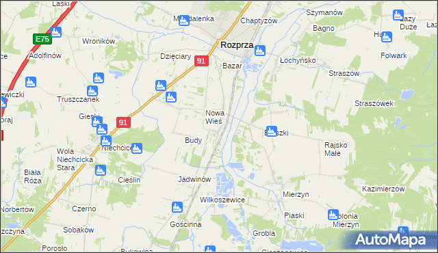 mapa Stara Wieś gmina Rozprza, Stara Wieś gmina Rozprza na mapie Targeo