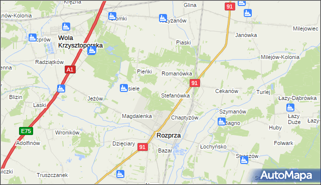 mapa Stefanówka gmina Rozprza, Stefanówka gmina Rozprza na mapie Targeo