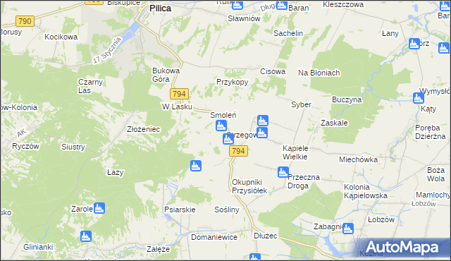 mapa Strzegowa gmina Wolbrom, Strzegowa gmina Wolbrom na mapie Targeo