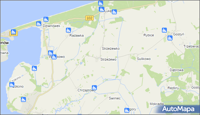 mapa Strzeżewo gmina Kamień Pomorski, Strzeżewo gmina Kamień Pomorski na mapie Targeo