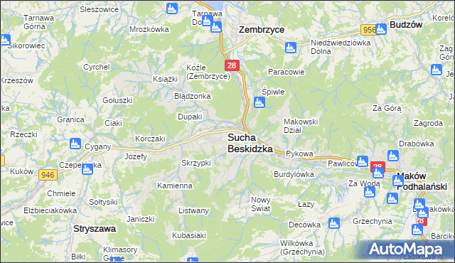 mapa Sucha Beskidzka, Sucha Beskidzka na mapie Targeo