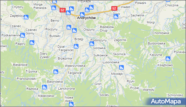 mapa Sułkowice gmina Andrychów, Sułkowice gmina Andrychów na mapie Targeo