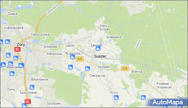 mapa Suszec powiat pszczyński, Suszec powiat pszczyński na mapie Targeo