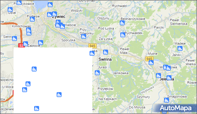 mapa Świnna powiat żywiecki, Świnna powiat żywiecki na mapie Targeo