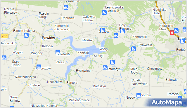 mapa Szeligi gmina Pawłów, Szeligi gmina Pawłów na mapie Targeo