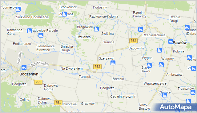 mapa Szerzawy gmina Pawłów, Szerzawy gmina Pawłów na mapie Targeo