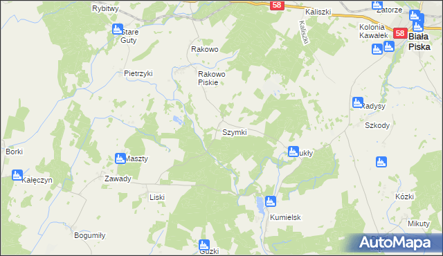 mapa Szymki gmina Biała Piska, Szymki gmina Biała Piska na mapie Targeo