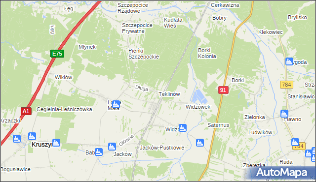mapa Teklinów gmina Kruszyna, Teklinów gmina Kruszyna na mapie Targeo