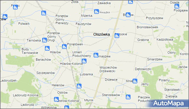 mapa Tomaszew gmina Olszówka, Tomaszew gmina Olszówka na mapie Targeo