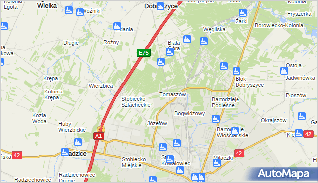 mapa Tomaszów gmina Ładzice, Tomaszów gmina Ładzice na mapie Targeo