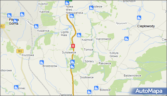 mapa Tomice gmina Ciepłowody, Tomice gmina Ciepłowody na mapie Targeo
